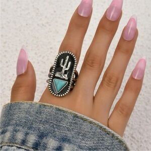 Silver and Turquoise Cactus Southwestern Statement Ring Sz 7